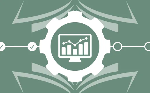 A monitor with progress indicators inside a gear, on a backdrop of open books and check marks on a progress line