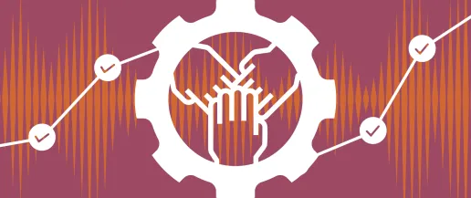 Hands join within a gear, on a background of a waveform surrounded by checkmarks on a progress line.
