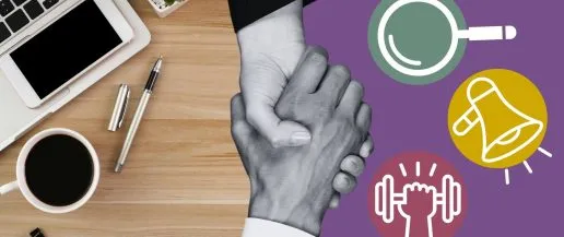 A training image. A handshake divides a desk with a laptop, pens and coffee from a purple background with training related symbols.