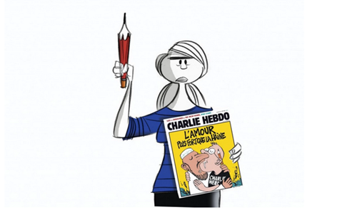 Charlie Hebdo attachs. Cartoon by Ann Telnaes, The Washington Post, 2015.