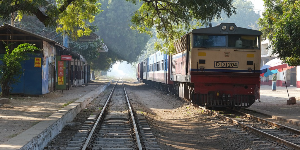 A photo of a train at Myingyan railway station in Burma/Myanmar